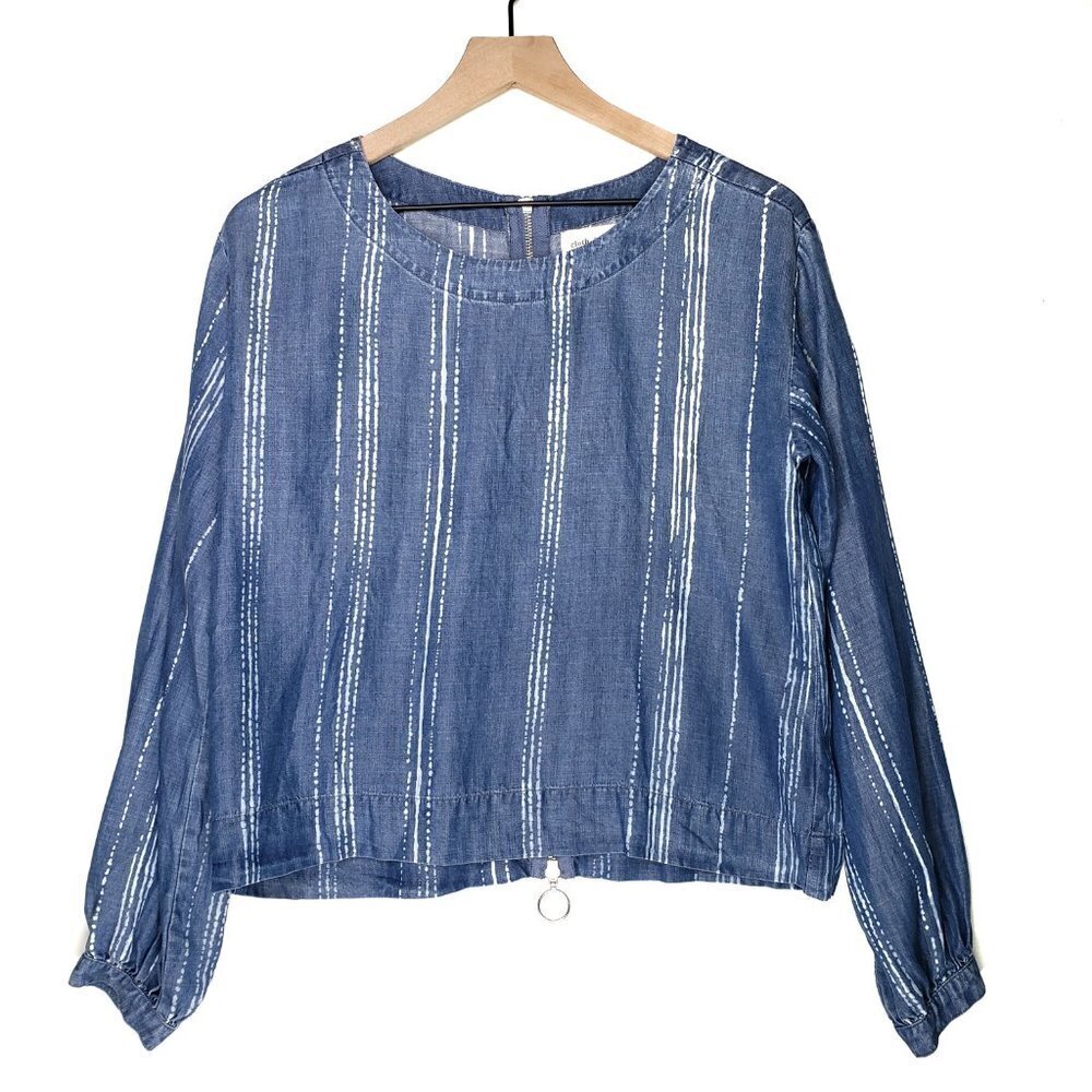 Cloth & Stone Chambray Stripe Zip Back Blouse S Blue White Top Shirt Anthro